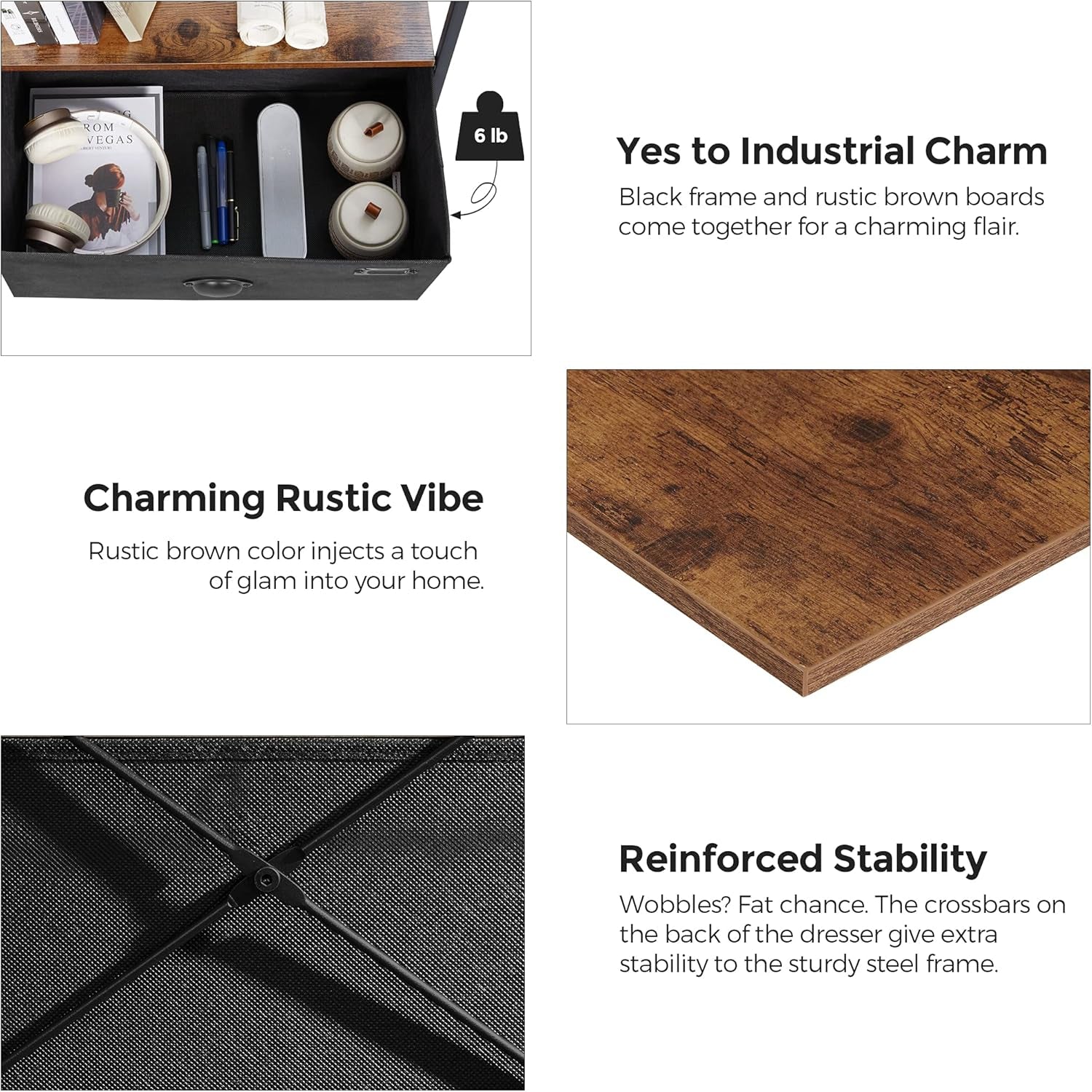 Nightstand, Industrial Bedside Table with 2 Fabric Drawers, Storage Shelves, Vertical Dresser Storage Tower with Wooden Top, Metal Frame, Labels, Rustic Brown and Black ULVT03H