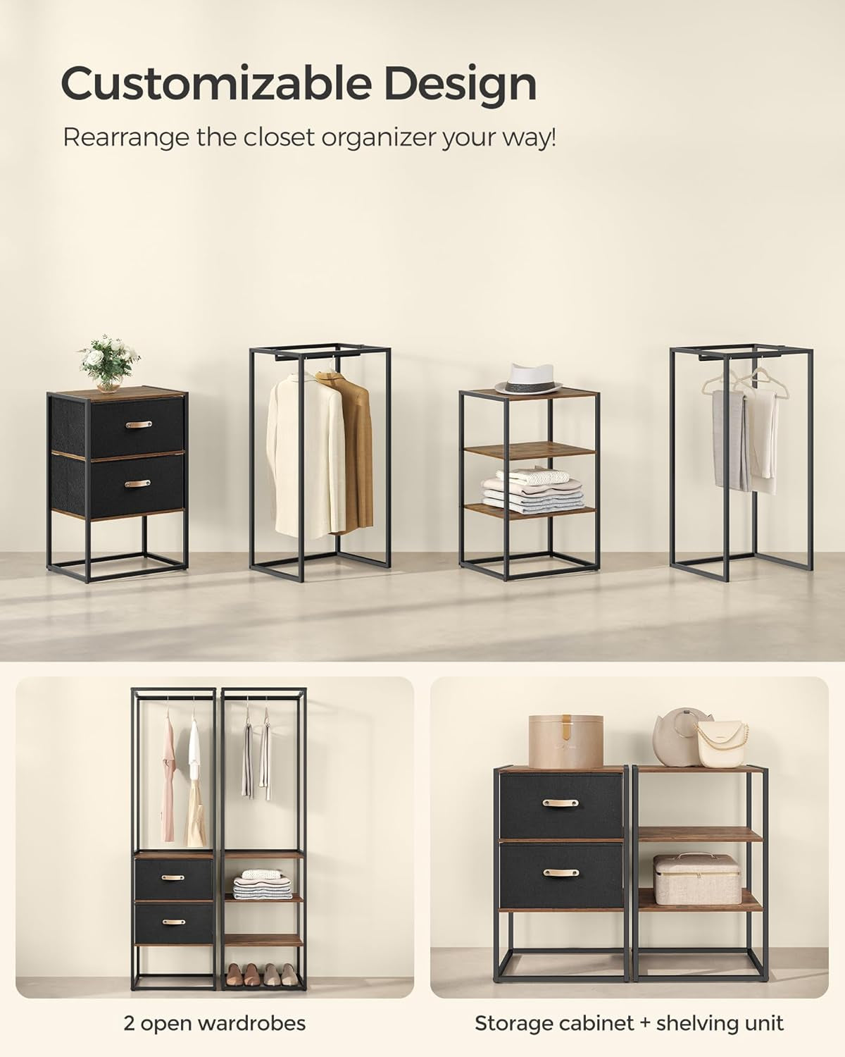 Clothes Rack, 70.9 Inch Wardrobe Freestanding Closet, Heavy Duty Garment Rack with 1 Extendable Hanging Rod, 2 Drawers and 4 Shelves, for Bedroom, Space-Saving, Rustic Brown URGR003B01