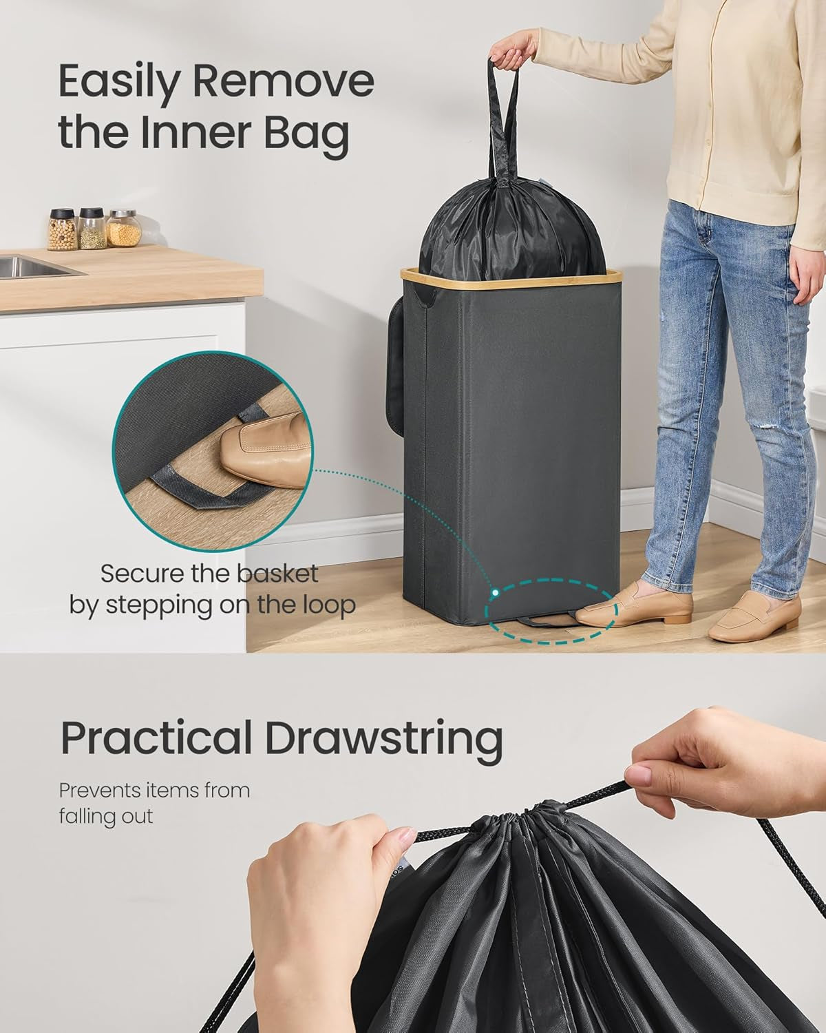 Recycling Bin for Kitchen 26.4 Gallon. Bottle Recycling Container, Collection Bin, for Metal, Plastic, Paper, Glass, Inner Bag with Handles, Kitchen, Slate Gray and Natural Beige URRB509G01