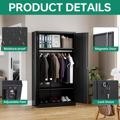 Metal Wardrobe Cabinets with Lock,Clothing Locker 72" X 36" X 18" Storage Cabinets for Home Room,Fire Department, School, Employee,Gym,Government (Black)