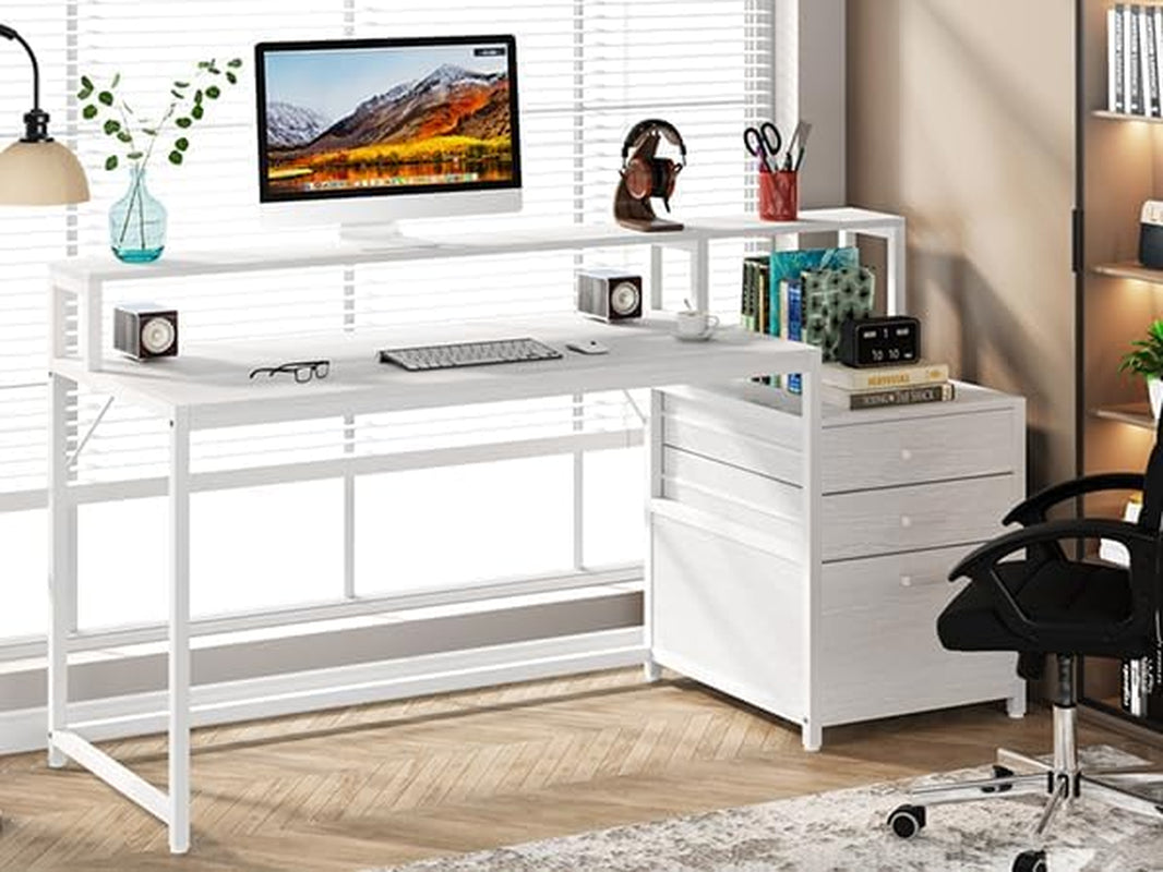 63 Inch Computer Desk with File Drawer Cabinet, Ergonomic Office Desk with Monitor Stand, Computer Table with Printer Space, Wood PC Table Workstation Desk for Home Office, White
