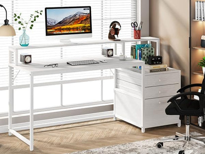 63 Inch Computer Desk with File Drawer Cabinet, Ergonomic Office Desk with Monitor Stand, Computer Table with Printer Space, Wood PC Table Workstation Desk for Home Office, White
