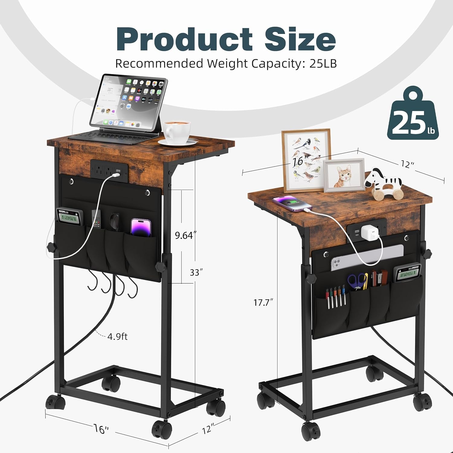 Adjustable Height Couch Table with USB-C Charging Station & Pocket Storage – Compact Couch Stand with Hooks & Wheels for Small Spaces & Living Room, Adjustable C Table