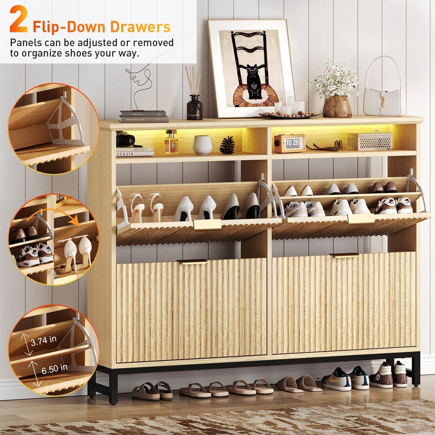 Fluted Shoe Storage Cabinet with 4 Flip Drawers, 47.24" Narrow Shoe Organizer Cabinet with LED Light, Slim Freestanding Shoe Rack Cabinet, Wooden Hidden Shoe Cabinet for Entryway, Hallway(Natural Oak)