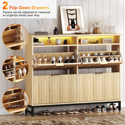 Fluted Shoe Storage Cabinet with 4 Flip Drawers, 47.24" Narrow Shoe Organizer Cabinet with LED Light, Slim Freestanding Shoe Rack Cabinet, Wooden Hidden Shoe Cabinet for Entryway, Hallway(Natural Oak)
