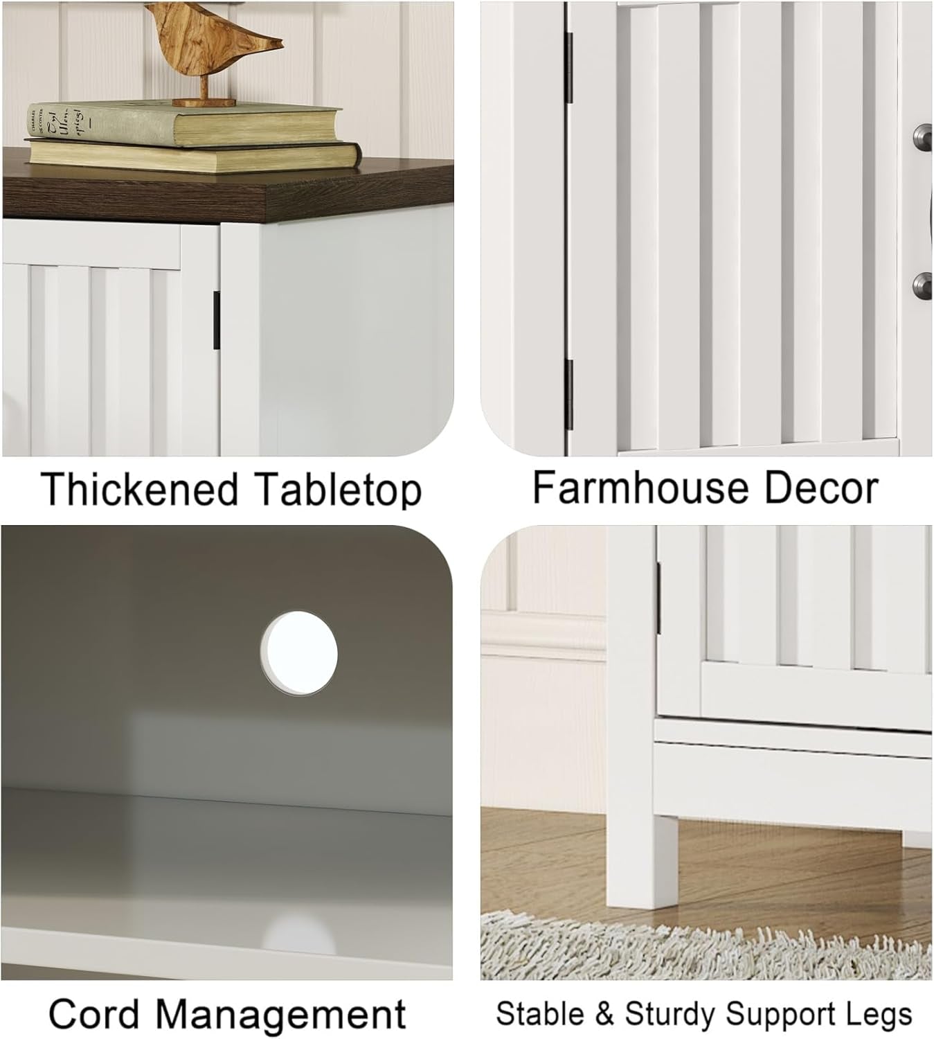 Farmhouse TV Stand, Wood Fluted Door Entertainment Center with Storage Cabinets and Open Shelves, Rustic Media Console up to 55 Inches for Living Room, Bedroom, White