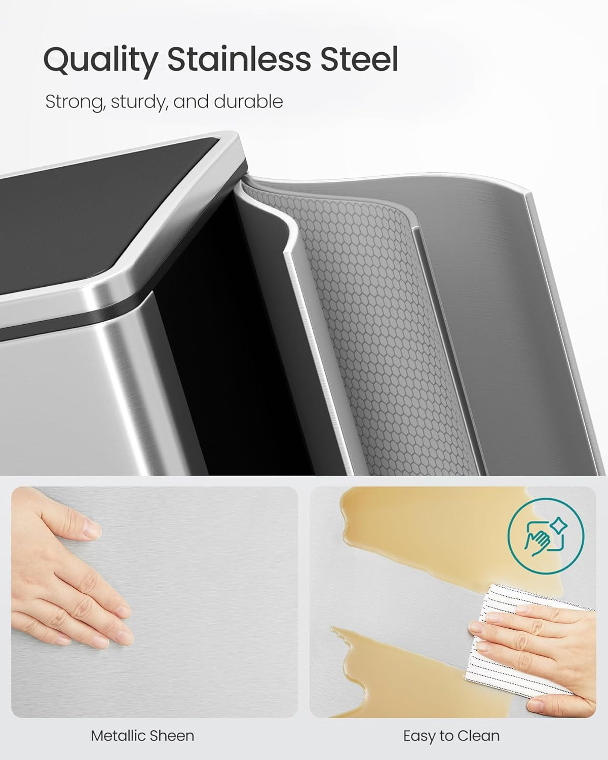 Trash Can, 2 X 10.6 Gallon (2 X 40 L) Garbage Can for Kitchen, with 15 Trash Bags, 2 Compartments, Plastic Inner Buckets and Hinged Lids, Airtight, Silver and Black ULTB730E80