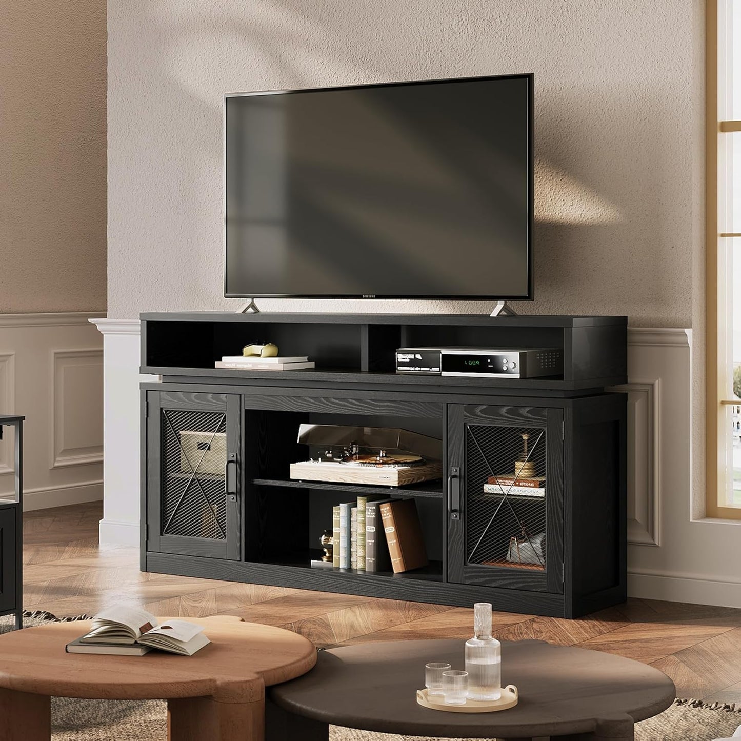 Farmhouse TV Stand for 65 Inch TV, Tall Entertainment Center with Storage Cabinets, Media Console TV Cabinet with LED for Living Room and Bedroom, Black