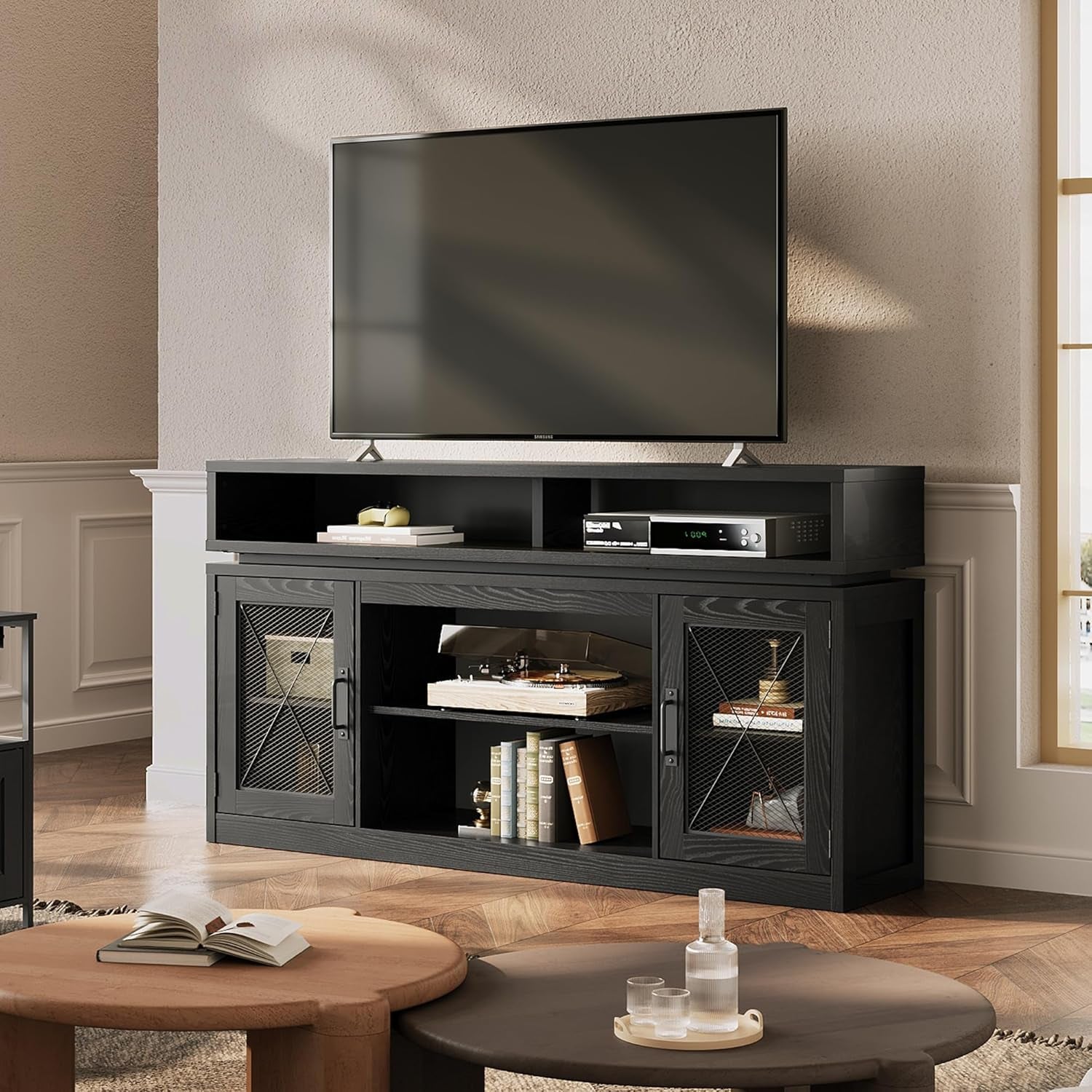 Farmhouse TV Stand for 65 Inch TV, Tall Entertainment Center with Storage Cabinets, Media Console TV Cabinet with LED for Living Room and Bedroom, Black