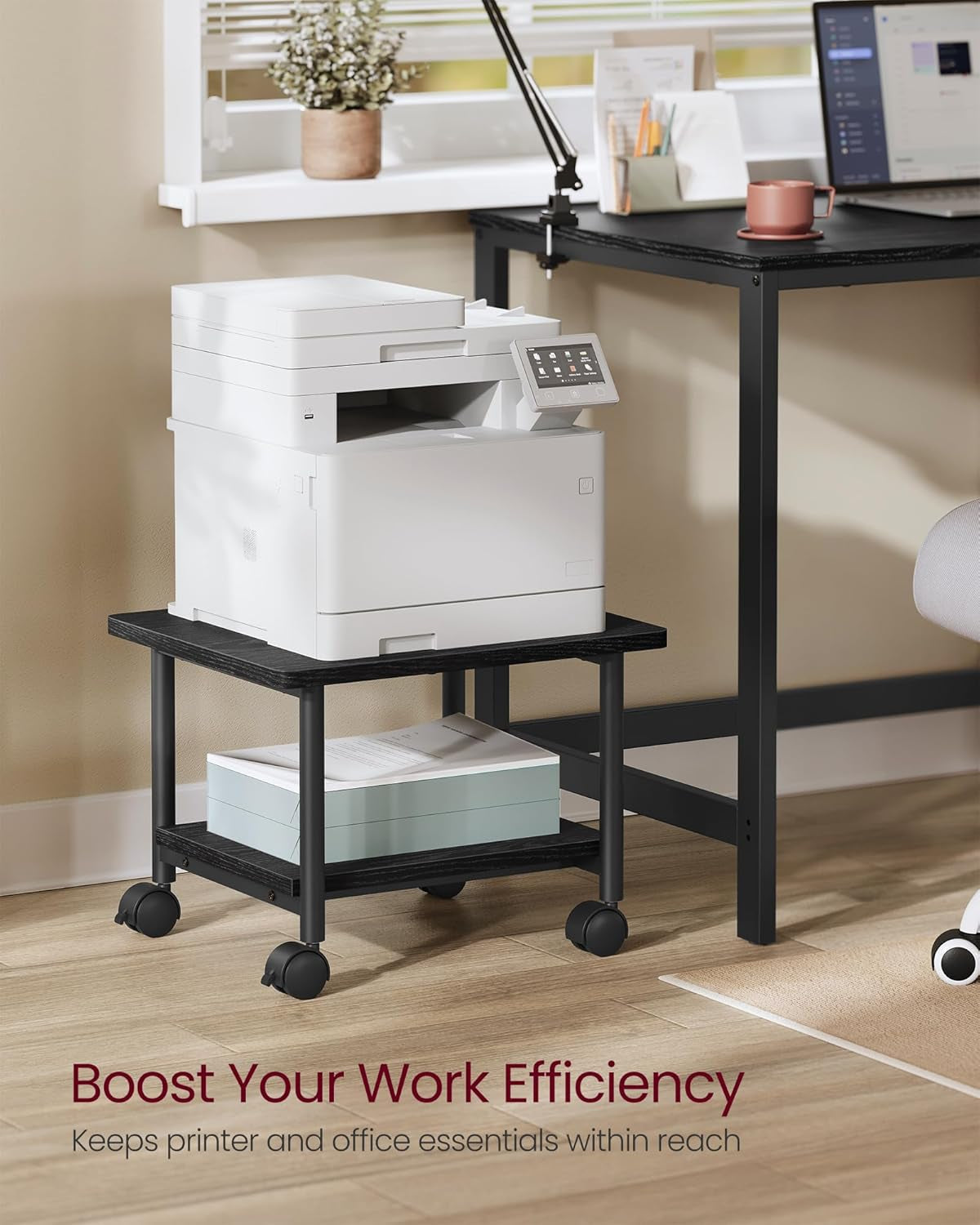 Heavy-Duty Printer Stand with Locking Wheels, 2-Tier Industrial Mobile Cart with Storage Shelf, under Desk Printer Table for Home, Office, 13.4" Height, Ebony Black UOPS02B