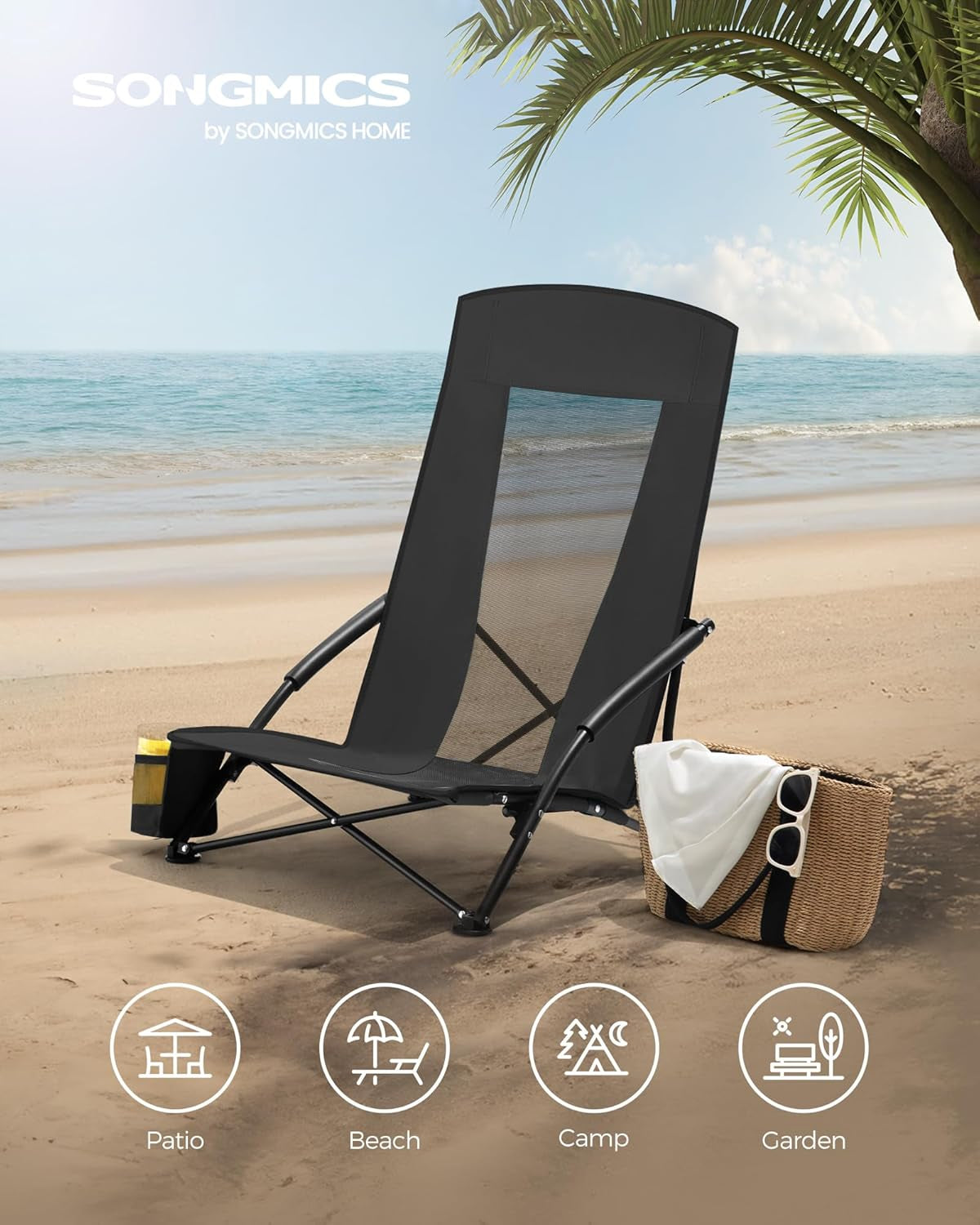 Set of 2 Portable Beach Chairs for Adults, Max. Load 330 Lb Each, High Backrest, Cup Holder, Lightweight, Heavy-Duty, Black UGCB067B01V1