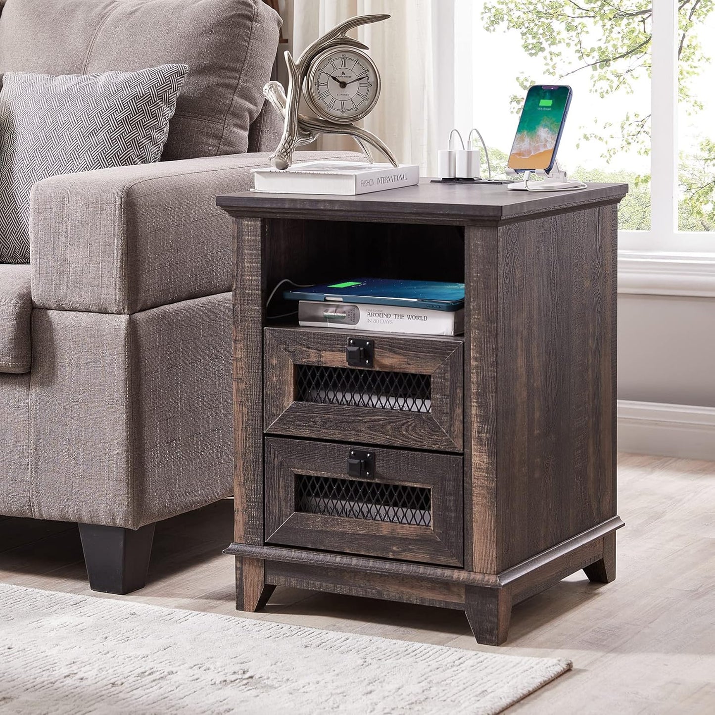 Nightstand with Charging Station, 18'' Industrial & Farmhouse End Table with 2 Drawers & Open Cubby, Rustic Mesh Drawer Sofa Side Table W/Storage for Bedroom, Living Room, Office, Dark Rustic Oak