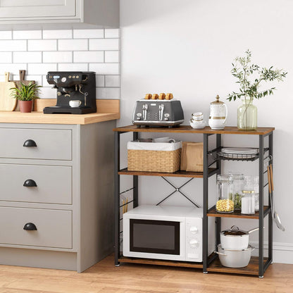 Baker'S Rack, Coffee Bar Stand with Charging Station, 33 Inches Tall, Storage Shelves, Pull-Out Wire Basket, Table for Microwave, Kitchen, Rustic Brown and Ink Black UKKS90X