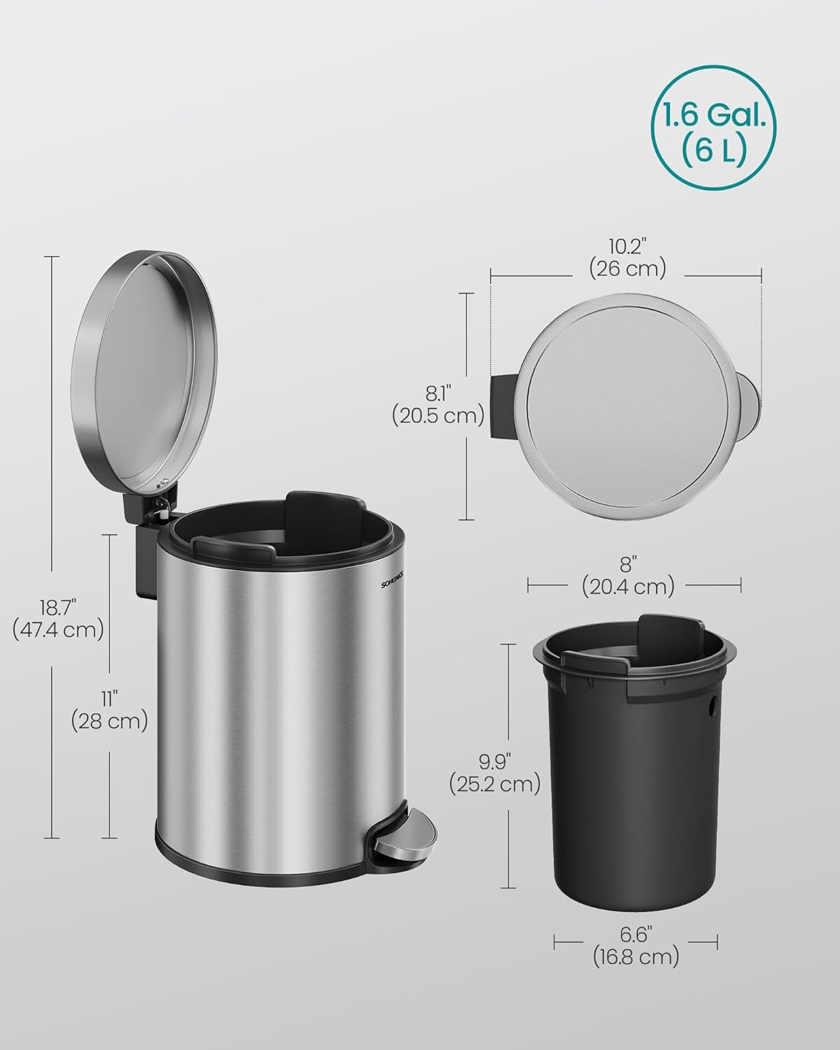 Bathroom Trash Can, 1.6 Gallon (6 L) Small Toilet Garbage Bin with Lid, Soft-Close, Stainless Steel, Pedal, Inner Bucket, Bedroom, Metallic Silver ULTB016EZ01