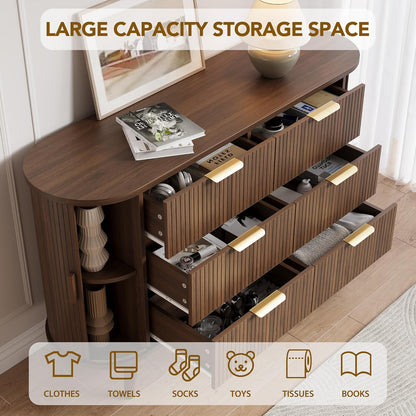 Fluted 6 Drawers Dresser, 55'' Wide Mid Century Modern Chest of Drawers with Sliding Door & Metal Handles, Curved Profile & Sturdy Legs, Wood TV Stand for Bedroom, Living Room (Walnut)