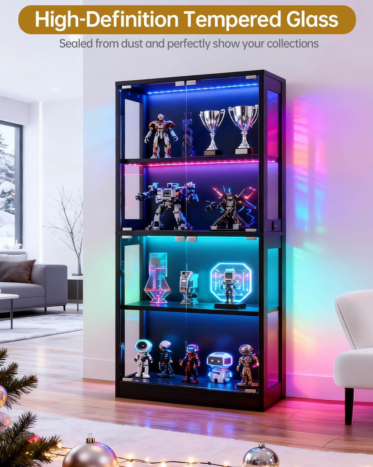 Glass Display Cabinet, 65" Tall Display Case with RGB Lights Curio Cabinet with Glass Doors 4-Tier LED Storage Cabinet with Human Body Sensor & Press-To-Open for Collectibles Book Figure (Black)