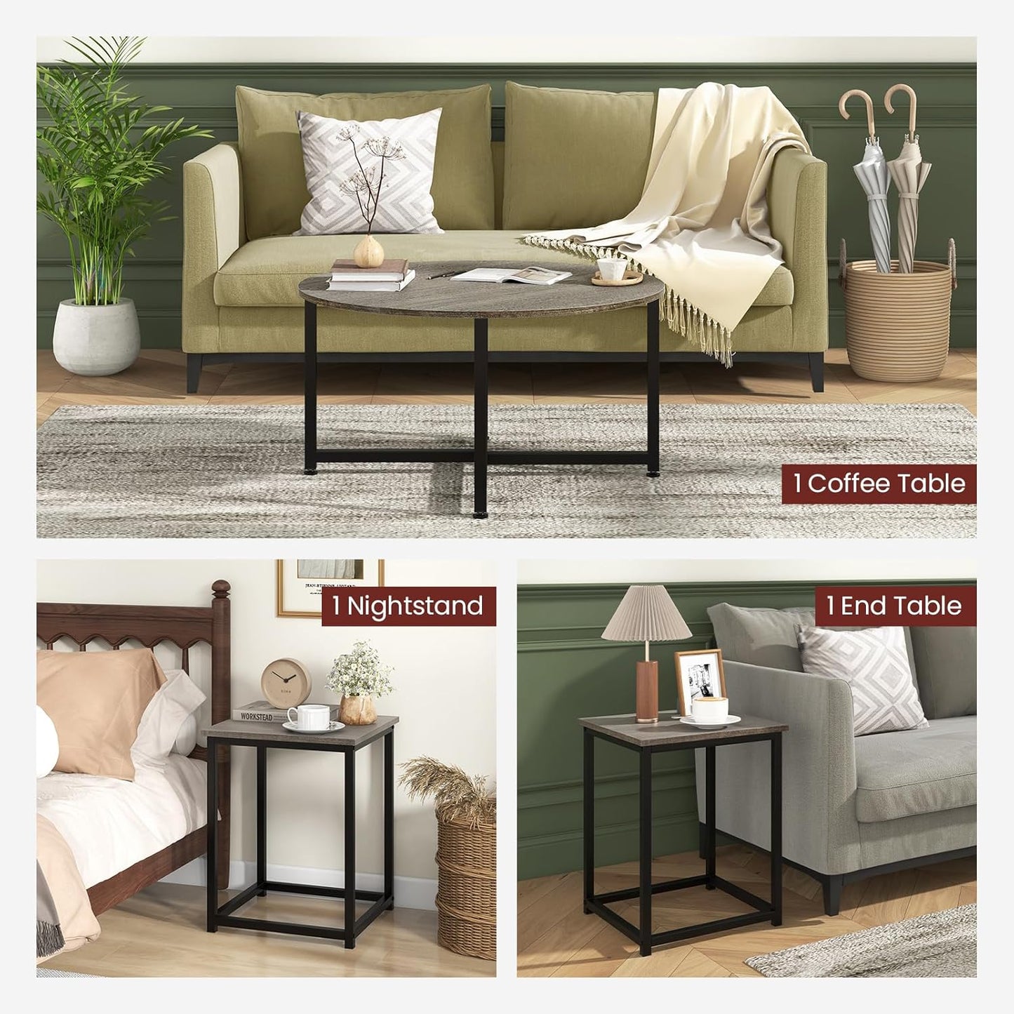 round Nesting Table Set of 3, Farmhouse Coffee Table W/2 End Tables, Sturdy Metal Frame, 3-Piece Wooden Living Room Table Set for Home Office, Apartment (Black Oak)