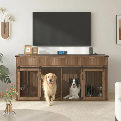 71'' Double Dog Crate Furniture, Large Dog Kennel Indoor with 360° Rotating Feeders and Removable Divider, XXL Wooden Dog Cage with Charging Station, Dog House TV Stand for Large Dog, Walnut