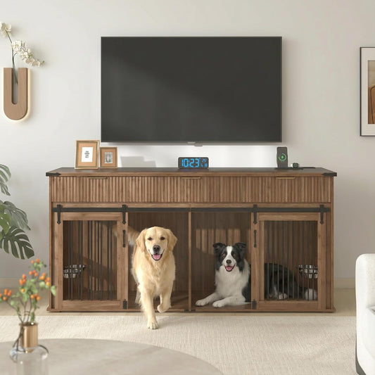 71'' Double Dog Crate Furniture, Large Dog Kennel Indoor with 360° Rotating Feeders and Removable Divider, XXL Wooden Dog Cage with Charging Station, Dog House TV Stand for Large Dog, Walnut