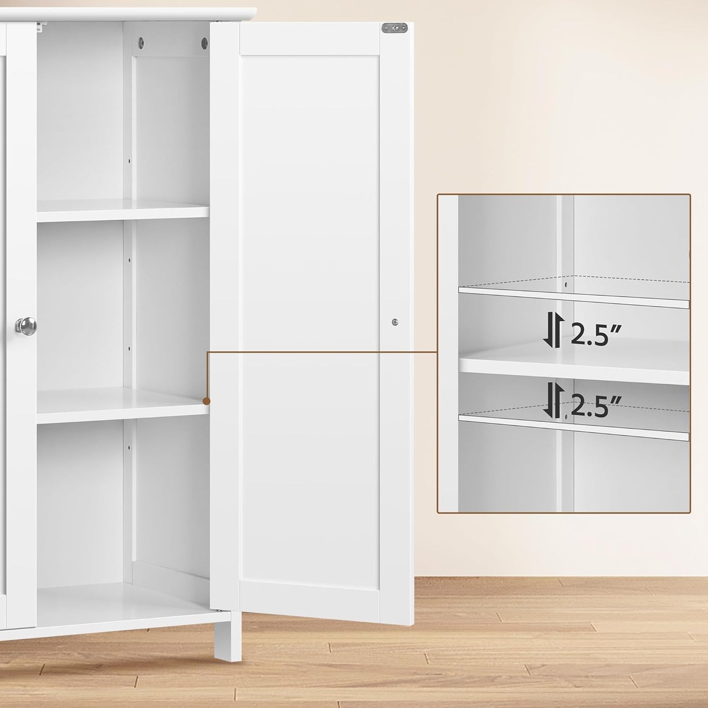 Bathroom Floor Cabinet, Modern Storage Freestanding Organizer Cabinet with Adjustable Shelves & Double Doors, 3-Tier Home Living Room Furniture, White