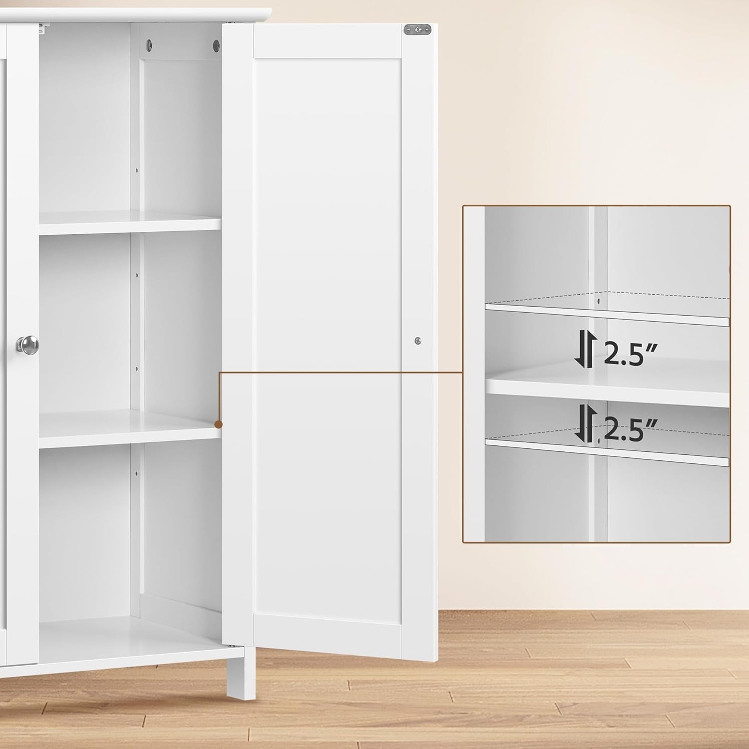 Bathroom Floor Cabinet, Modern Storage Freestanding Organizer Cabinet with Adjustable Shelves & Double Doors, 3-Tier Home Living Room Furniture, White