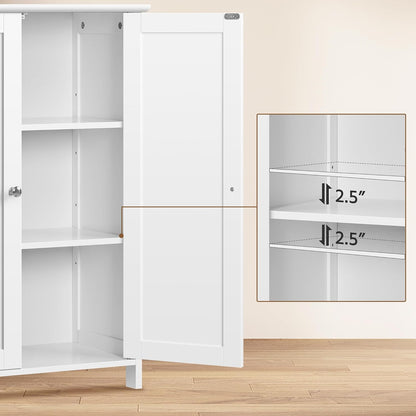Bathroom Floor Cabinet, Modern Storage Freestanding Organizer Cabinet with Adjustable Shelves & Double Doors, 3-Tier Home Living Room Furniture, White