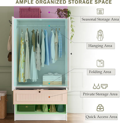 Wood Armoire Wardrobe Closet with Mirror Door and Drawer, 2 Doors Bedroom Storage Cabinet for Hanging Clothes, White