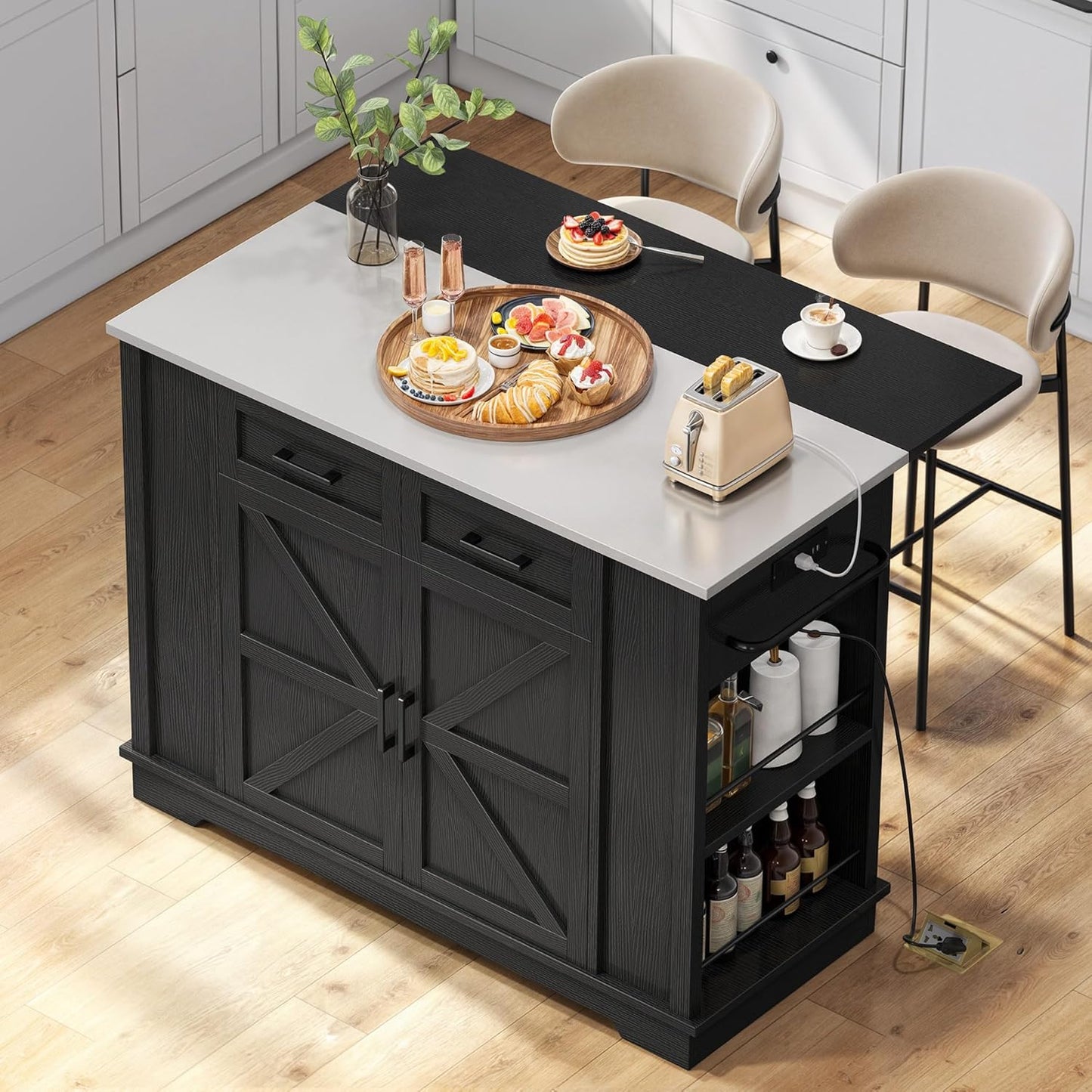 Kitchen Island with Drop Leaf, 47 Inch Mobile Stroage Islands with Stainless Steel Top, Rolling Island Table with Power Outlet, Adjustable Shelves, Spice Rack, Towel Rack for Kitchen, Black