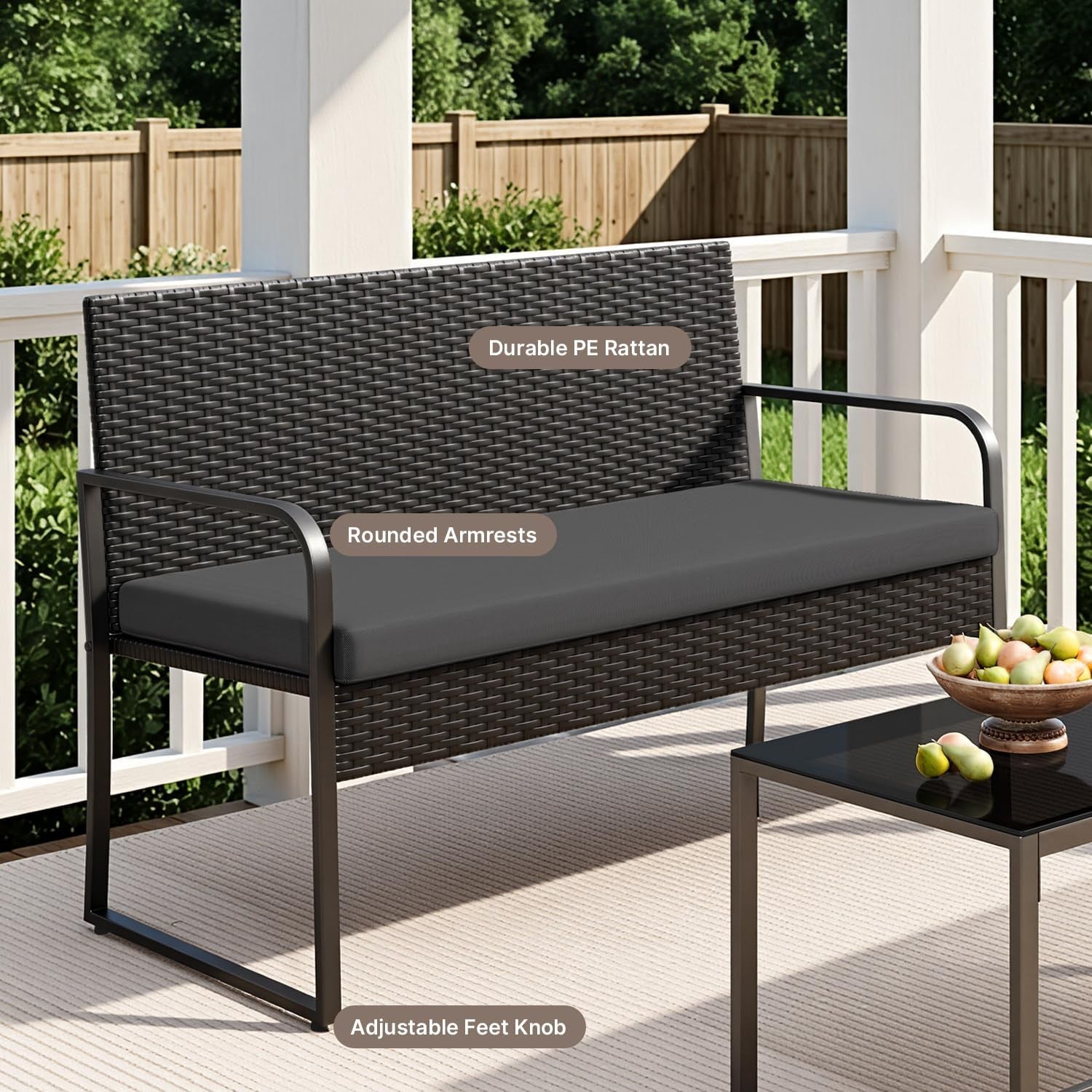 Black Wicker Furniture with Glass Coffee Table, 4 Piece Patio Furniture Set, Outdoor Rattan Conversation Set, for Backyard, Poolside, Porch, Lawn, Cushion-Black