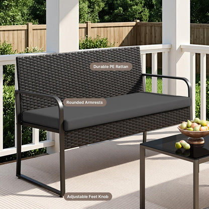 Black Wicker Furniture with Glass Coffee Table, 4 Piece Patio Furniture Set, Outdoor Rattan Conversation Set, for Backyard, Poolside, Porch, Lawn, Cushion-Black