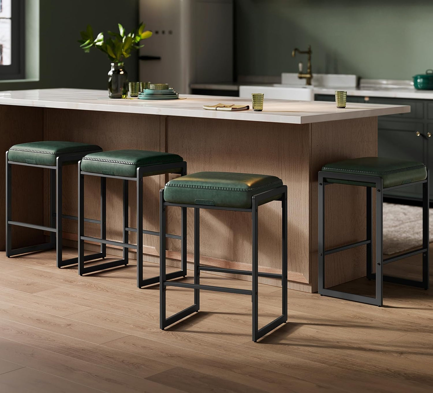 EKHO Collection - Bar Stools Set of 4, Counter Height Bar Stools, Synthetic Leather with Stitching, Mid-Century Modern Counter Stools, 26-Inch Tall, Kichen Home Bar Dining Room, Forest Green