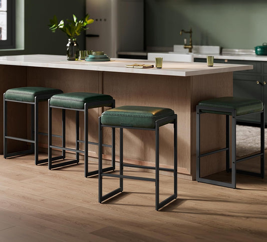 EKHO Collection - Bar Stools Set of 4, Counter Height Bar Stools, Synthetic Leather with Stitching, Mid-Century Modern Counter Stools, 26-Inch Tall, Kichen Home Bar Dining Room, Forest Green