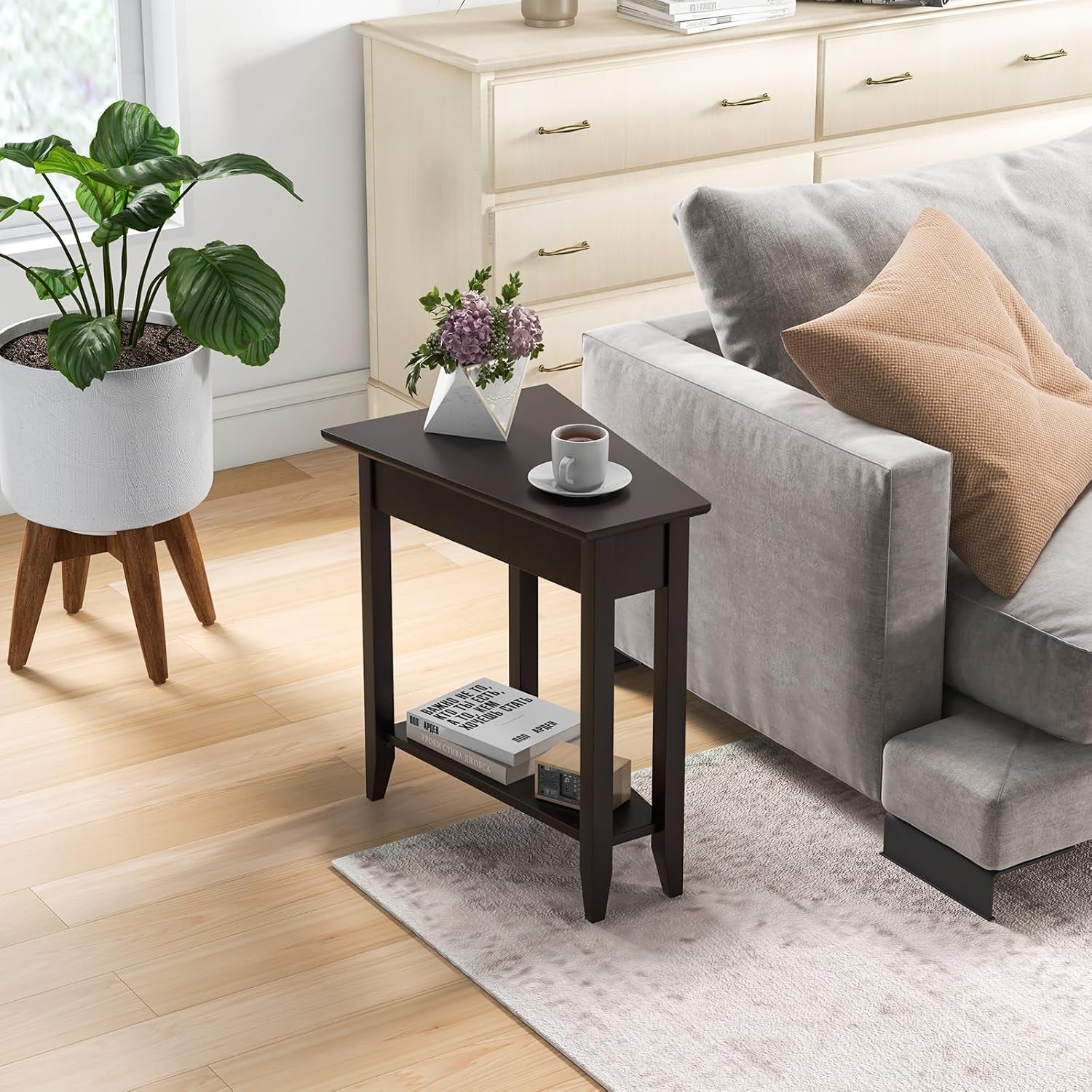 Wedge End Table, Triangle Side Table with Storage Shelf and Solid Wood Legs, Recliner Table, 24.5" Tall Nightstand, Modern Narrow Accent Table for Small Space Living Room, Espresso