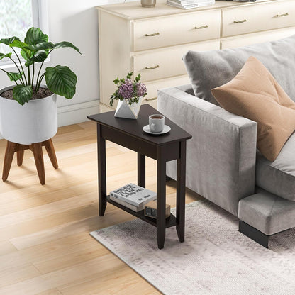 Wedge End Table, Triangle Side Table with Storage Shelf and Solid Wood Legs, Recliner Table, 24.5" Tall Nightstand, Modern Narrow Accent Table for Small Space Living Room, Espresso