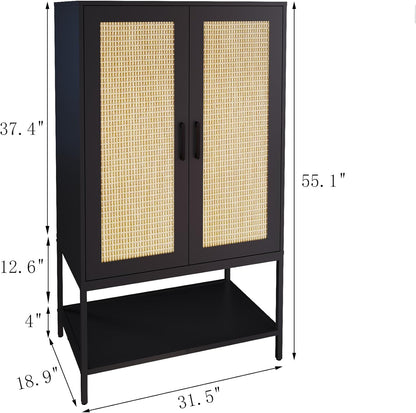 Wardrobe Closet,Rattan Bedroom Armoires with 2 Doors,Wooden Wardrobe Cabinet with Shelves and Hanging Rod for Clothes,Black