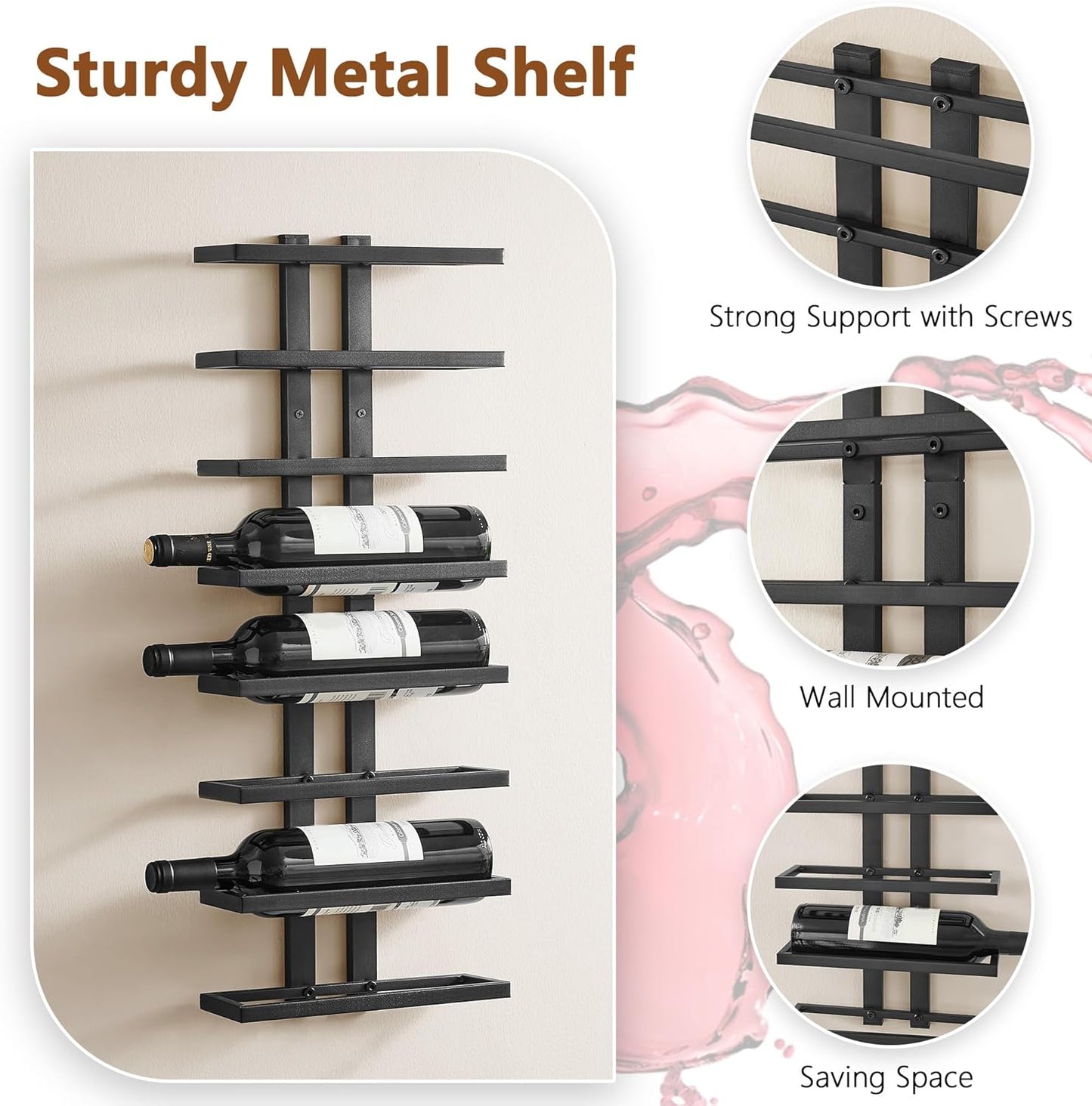 8 Tier Wall Mount Wine Rack, Wall Racks for Wine Bottles Display and Storage, Hanging Bottle Organizer for Living Room, Dining Room, Wine Cellar, Bar, Black
