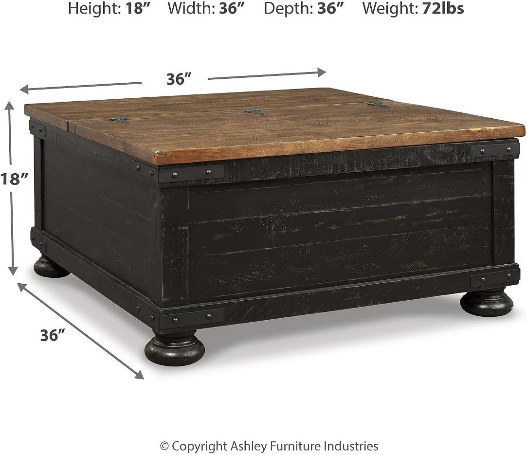 Valebeck Lift Top Coffee Table, Storage, Split-Top Design, Wood, 36" W X 36" D X 18" H, 2-Tone Distressed Brown & Black Finish