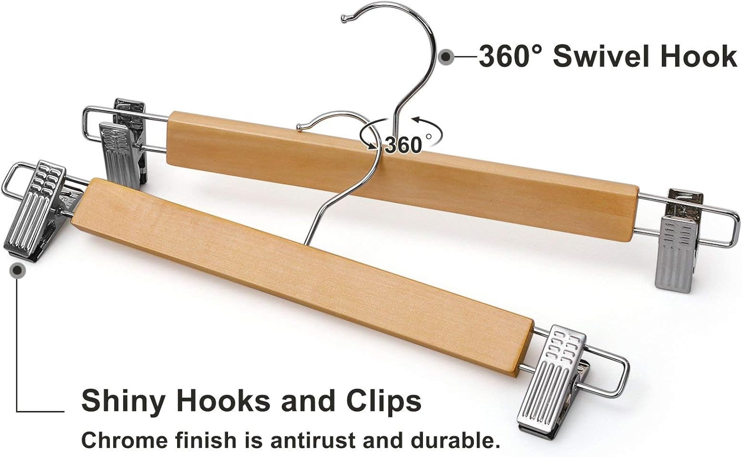 Wooden Pants Hangers 12 Pack, Pants Hangers with Clips, Adjustable Anti-Rust Metal Clips, 360° Swivel Hook, Skirt Hangers for Pant, Skirts, Natural Grain UCRW008-12