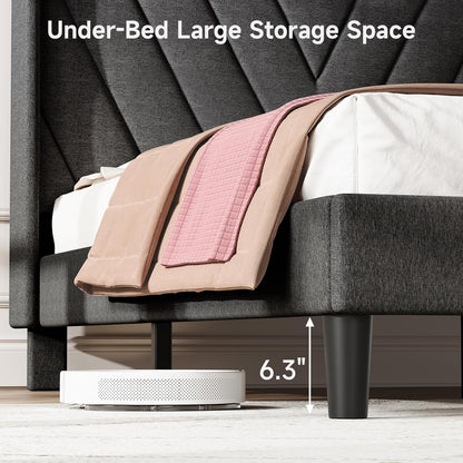 Queen Bed Frame with Headboard, Adjustable Upholstered Platform Bed Frame with Type-C&Usb Ports, Wingback Storage Headboard, Solid Wood Slats Support, No Box Spring Needed, Dark Gray