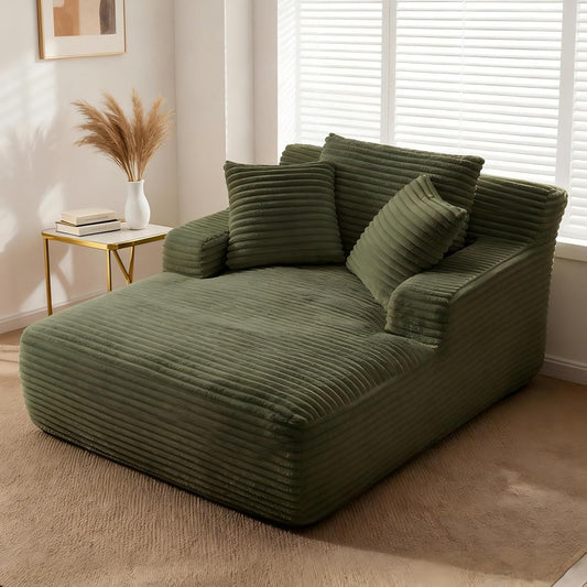 66" Chaise Lounge Chair Indoor, Oversized Boneless Couch Comfy Upholstered Sleeper Sofa Bed with 3 Pillows, Corduroy Cloud Reading Chair for Living Room No Assembly Required, Green