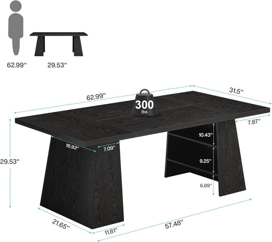 63-Inch Executive Desk, Modern Black Office Desk with Double Pedestal and Storage Shelves, Simple Large Computer Writing Conference Table Workstations Business Furniture for Home Office