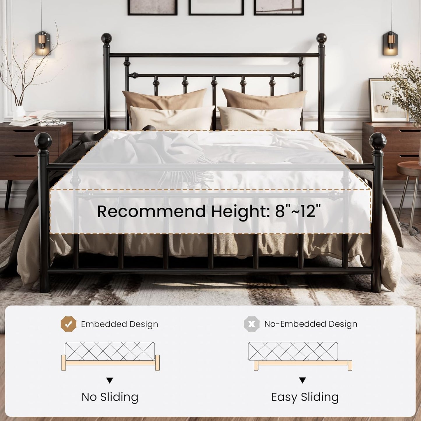 14'' Queen Size Metal Platform Bed Frame/Victorian Headboard and Footboard/Steel Slats Mattress Foundation for Storage/No Box Spring Needed/Noise Free/Black