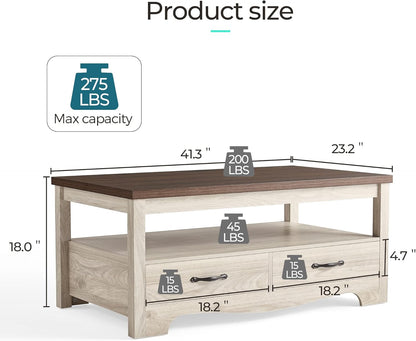 Living Room Table Sets 4 Piece with TV Stand, Farmhouse TV Stand for 65 Inch TV, Coffee Table with Drawers, Two End Table with Charging Station, Washed Gray