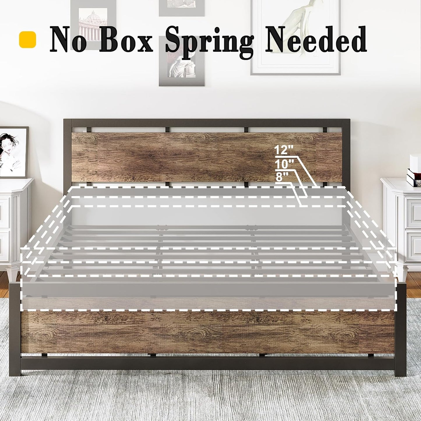 King Bed Frame with Headboard and Footboard, Metal Strong Supports, Easy Assembly, Noise-Free, No Box Spring Needed, Walnut