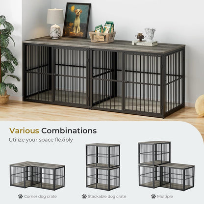 86'' Dog Crate Furniture Large Breed TV Stand for 2 Large Dogs, Double Wooden Crate Pet Cage with Removable Divider, Indoor Heavy Duty Kennel Corner End Table, Can Use Separately, Grey