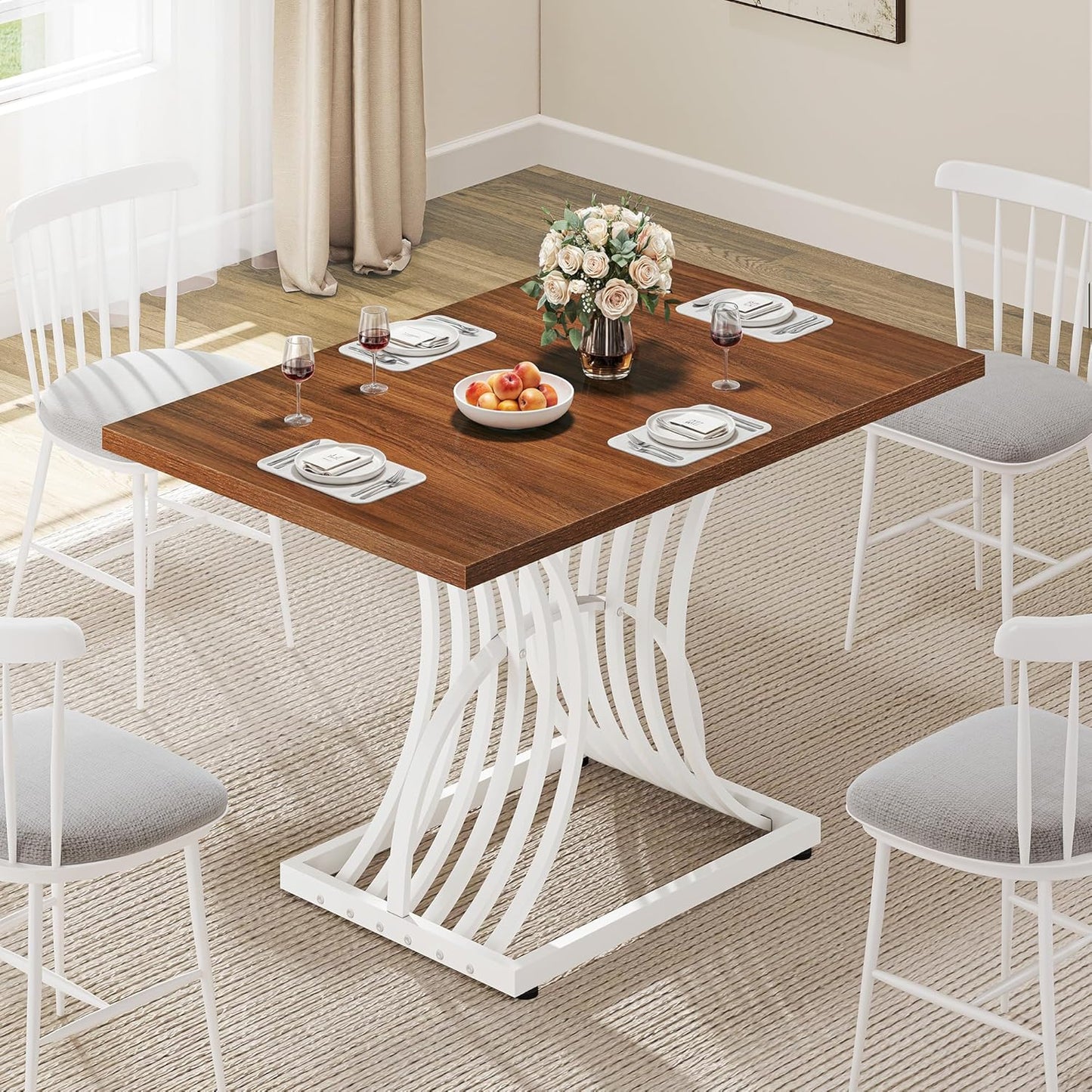 Modern Dining Table for 4 People 47 Inch Rectangular Kitchen Table with Walnut Tabletop and White Geometric Legs Small Dinner Table Kitchen & Dining Room Furniture Brown