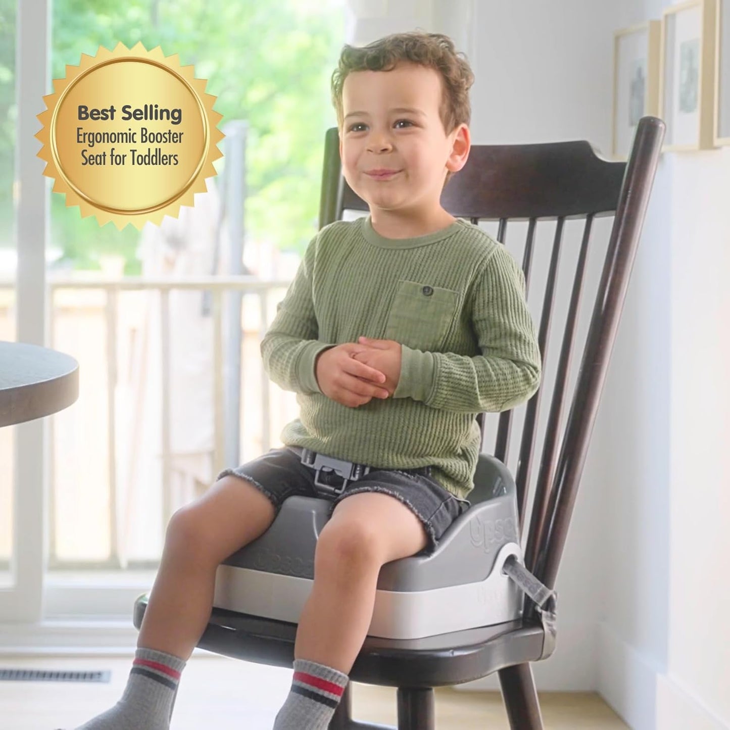 Boost Ergonomic Toddler Booster Seat for Dining Table, Developed with Physical Therapists to Encourage Posture, 3-Point Harness, Easy to Wipe Clean, and Lightweight Gray