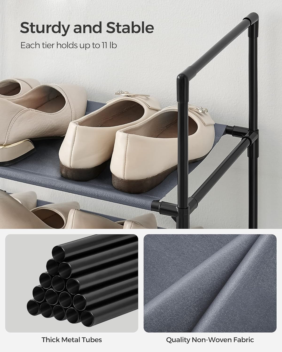 Shoe Rack, 10-Tier Shoe Shelf, Shoe Storage Organizer, 11 X 17.7 X 68 Inches, Metal Frame, Non-Woven Fabric Shelves, for Entryway, Bedroom, Gray ULSH010G01