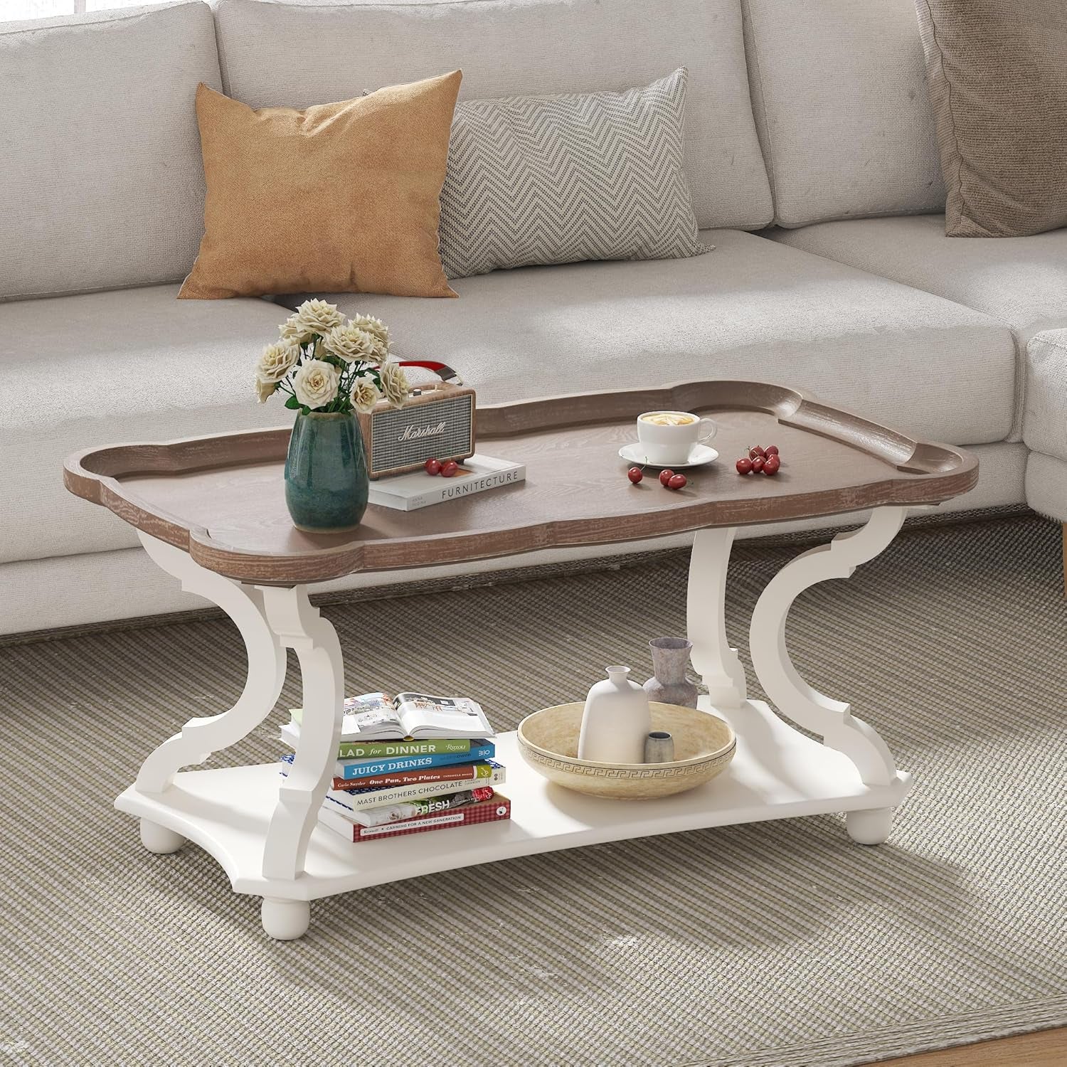 Farmhouse Coffee Table, Rustic White Cocktail Table with Storage Shelf, Sofa Table with Natural Tray Top and Carved Legs for Living Room Furniture Dining Room, Vintage White