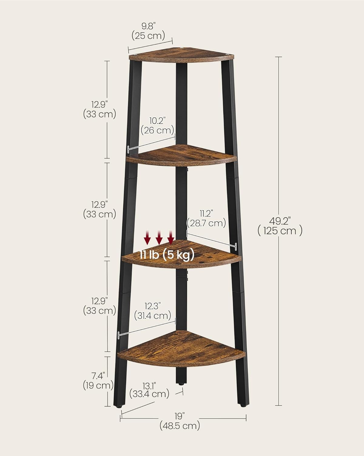 Corner Shelf Stand, 4-Tier Corner Bookshelf, Industrial Ladder Shelf, Plant Stand for Living Room, Office, Kitchen, Rustic Brown and Black ULLS34X